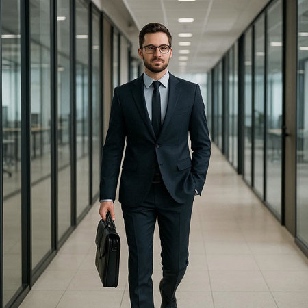 Confident businessman with briefcase walking in corridor of modern office building