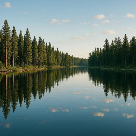 Beautiful summer landscape with forest lake and sky reflected in water.