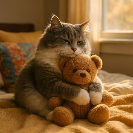 Cute tabby cat with teddy bear sitting on the bed