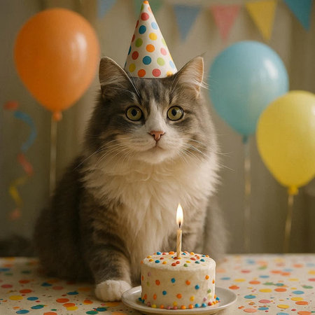 Cute cat with birthday cake and colorful balloons in the background.