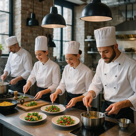Group of chefs preparing food in the kitchen of a restaurant or hotel