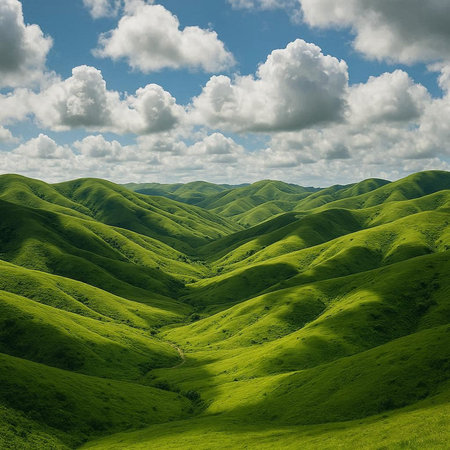 Green hills under blue sky with white clouds. Beautiful nature landscape.