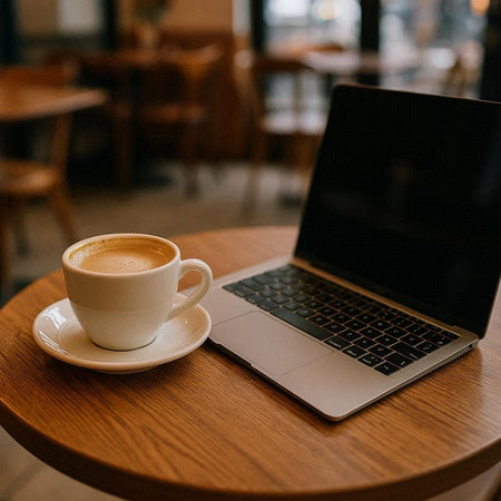 Coffee cup and laptop on wooden table in coffee shop.