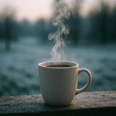 Cup of coffee on a wooden table in the winter forest.