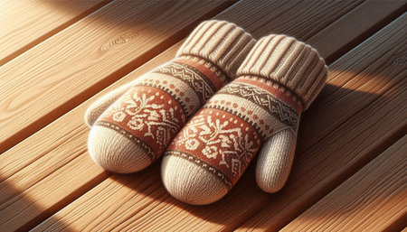 Woolen mittens on a wooden background. Winter clothing.