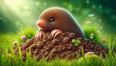 Cute little mole in the meadow. 3D illustration.
