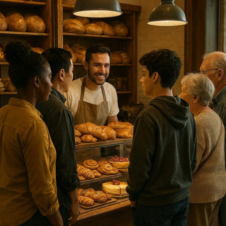 Group of people standing in a bakery and looking at each other.