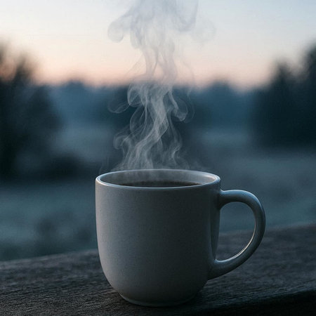 Cup of coffee on a wooden table against the background of nature.