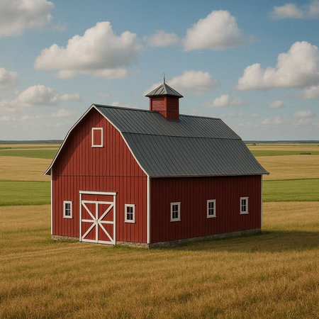 A red barn in a field with a blue sky and clouds.