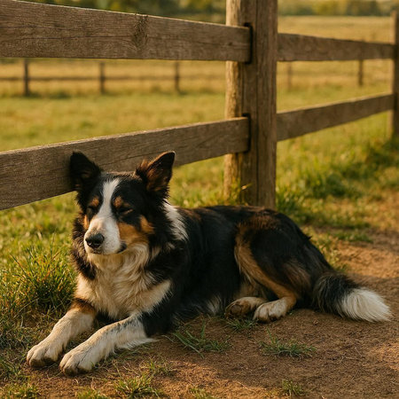 Portrait of a border collie on a background of a fence