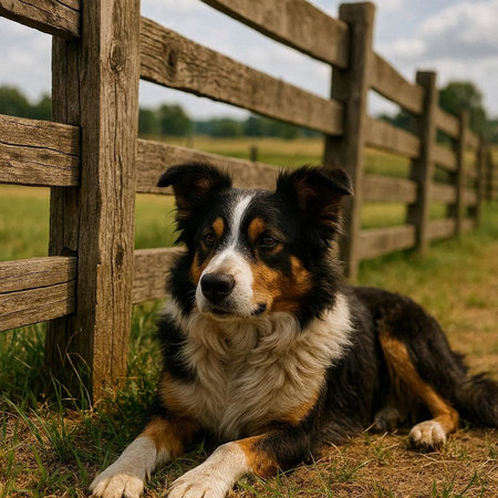 Portrait of a beautiful australian shepherd dog sitting near a wooden fence