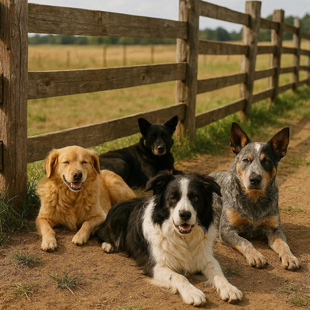 Portrait of three dogs in front of a wooden fence in the countryside