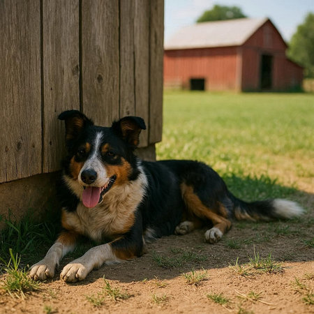 Portrait of australian shepherd dog lying on the ground.