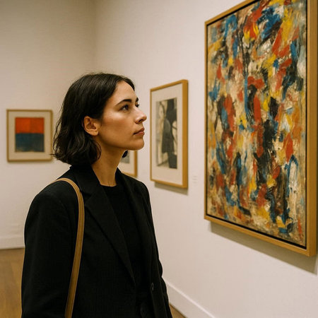 Woman looking at paintings in art gallery, Prague, Czech Republic.