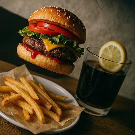 Hamburger with french fries and cola on wooden table.