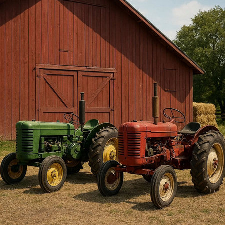 Two old tractors standing in front of a red barn on a farm