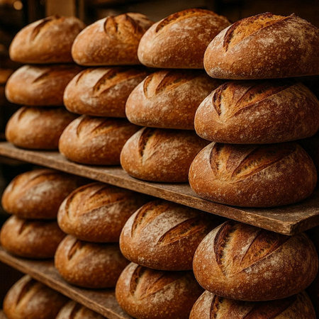 Freshly baked bread in a bakery. Bakery background. Close-up.