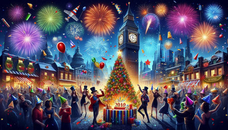 Happy New Year and Merry Christmas in London, United Kingdom. Festive background with fireworks and crowd of people.
