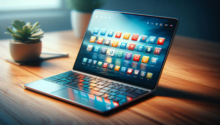 Laptop with colorful application icons on screen on wooden table. 3d rendering