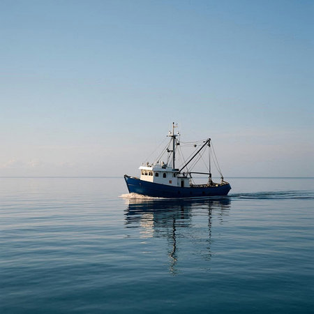 Fishing boat in the sea, blue sky and white clouds.