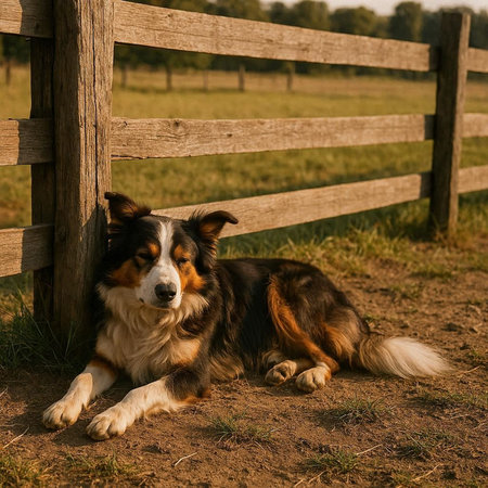 Australian Shepherd resting in front of a wooden fence in the countryside.