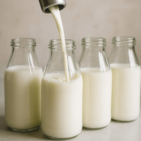 Milk in a glass bottle on a light background. Toned.