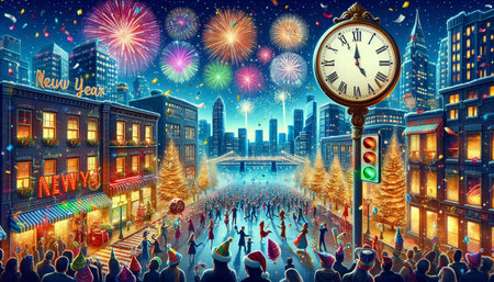 New Year's Eve in Boston with crowd of people and giant clock
