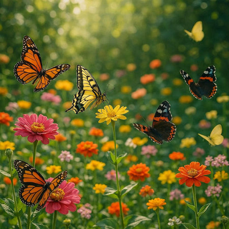 Butterflies and flowers in the meadow. Floral background.