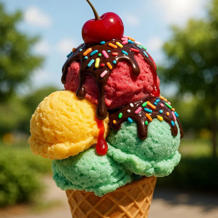 Ice cream scoops with cherry in a waffle cone on a background of green grass