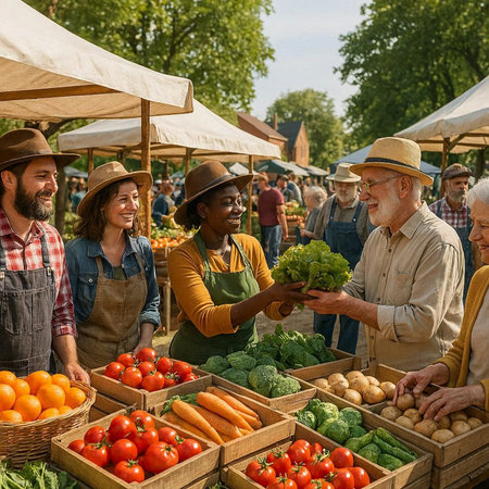 Group of farmers at a farmers market, selling vegetables and fruits.