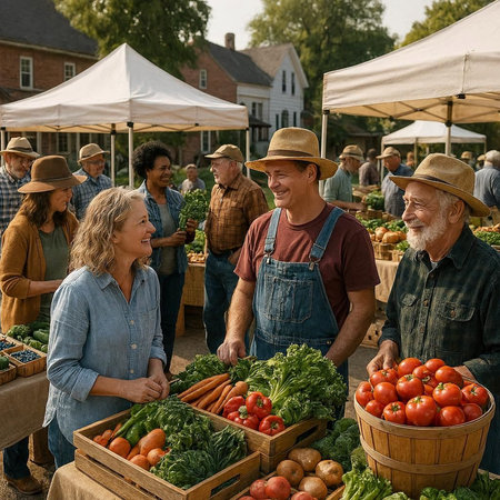 Group of farmers at a local farmers market in the summertime.