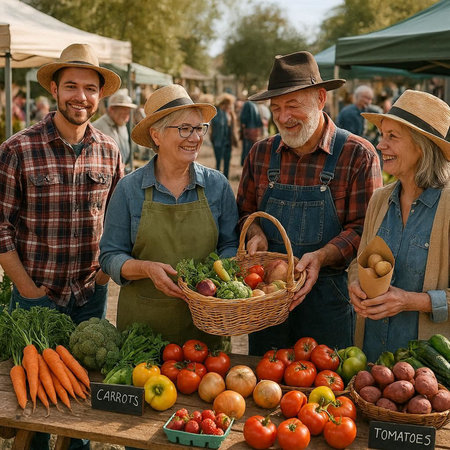 Group of farmers at a farmers market holding a basket full of vegetables