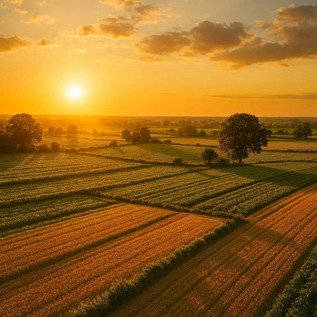 Aerial view of sunset over agricultural field in Poland. Beautiful summer landscape.