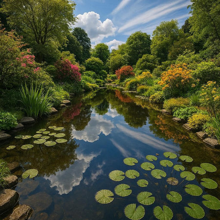 Beautiful English garden with pond and water lily pads in spring