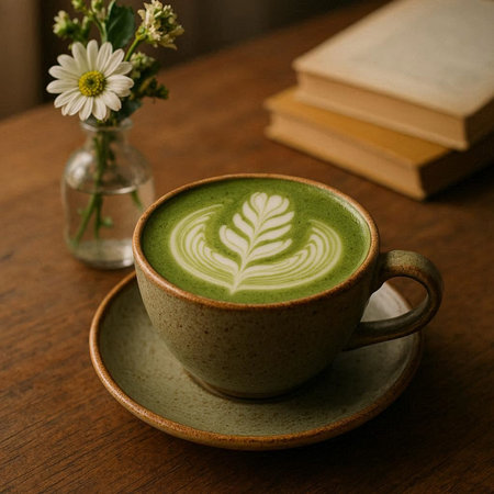 Green tea latte art on wooden table with book and vase