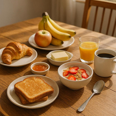Breakfast with orange juice, coffee, croissants and fruits