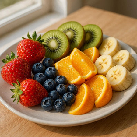 Healthy fruit salad in a plate with fresh fruits on the window