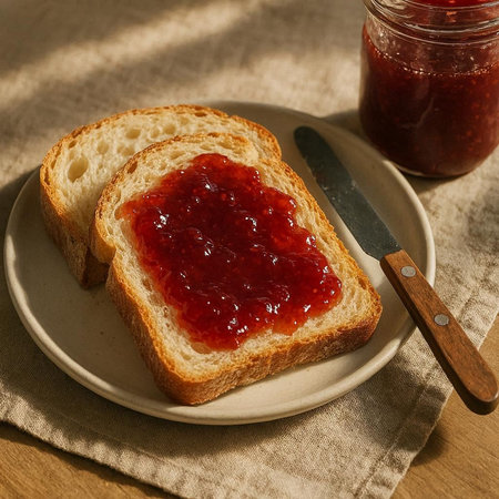 Slices of bread with strawberry jam on a plate and knife