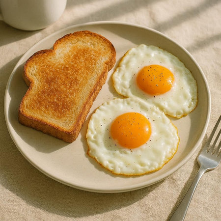Breakfast with fried eggs and toasts on a plate, square image