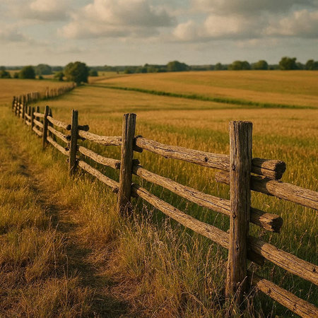 Wooden fence on a field in the evening light. Rural landscape.