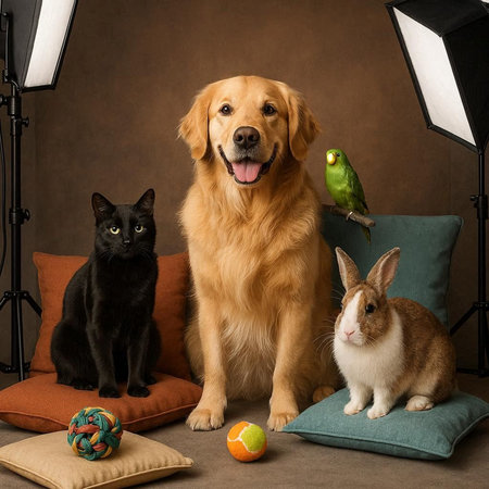 Golden Retriever, cat, dog, rabbit and ball on studio background