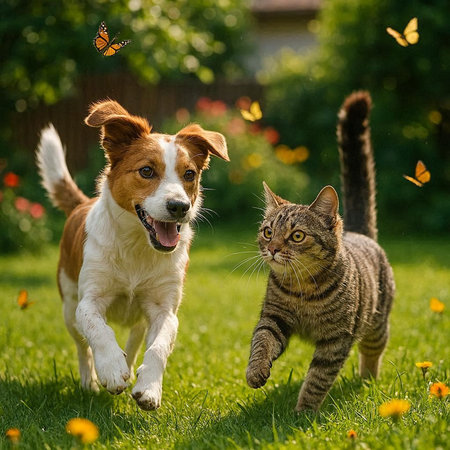 Cat and dog playing together in the garden. Selective focus.