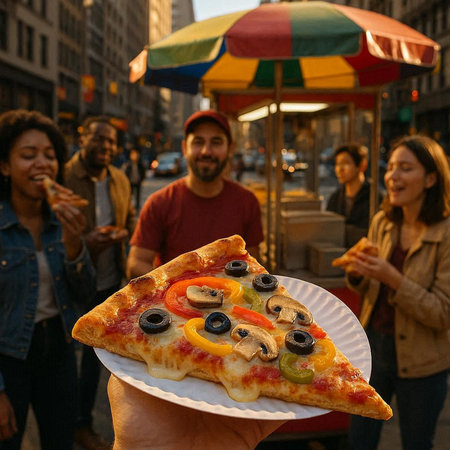 Group of friends eating pizza in New York City, United States.