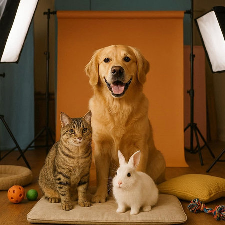 Golden Retriever, cat and dog in photo studio, portrait