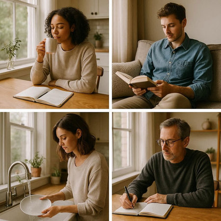 Collage of young caucasian and african american man and woman reading books, drinking coffee and writing in notebook at home