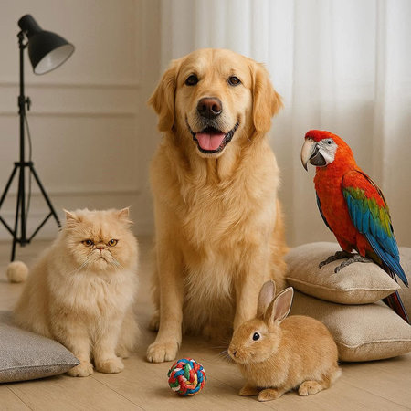 Golden Retriever, cat, dog and a red macaw