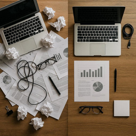 Laptop, crumpled paper balls and office supplies on wooden table