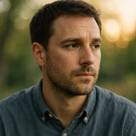 Portrait of a handsome middle-aged man in a park at sunset