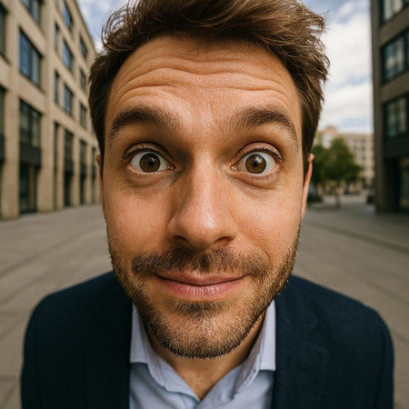 Portrait of a young man with a beard and mustache in the city