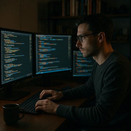 Side view of concentrated hacker in eyeglasses using computer at night